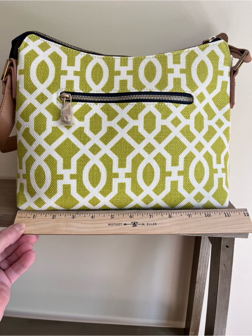 Spartina 449 NWOT Lime Green Geometric Crossbody with Tan Strap - Picture 7 of 16